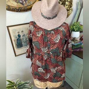 To The Max Green Coral Orange Floral Tie Waist Cottage Core Autumn Fall Blouse M